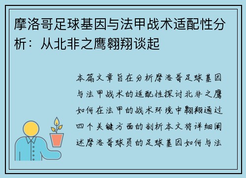 摩洛哥足球基因与法甲战术适配性分析：从北非之鹰翱翔谈起