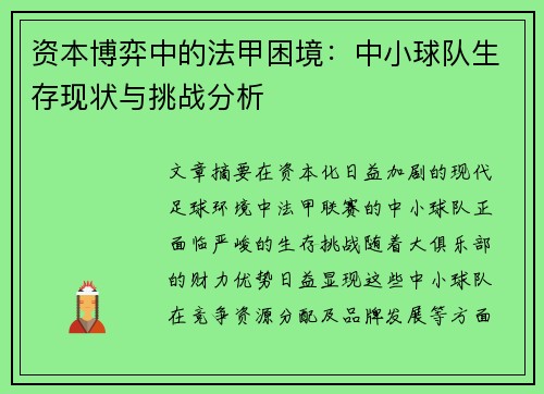 资本博弈中的法甲困境：中小球队生存现状与挑战分析