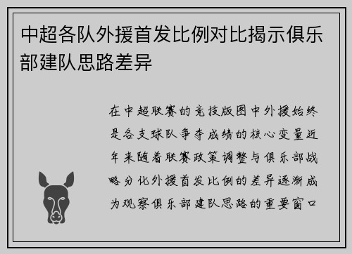 中超各队外援首发比例对比揭示俱乐部建队思路差异