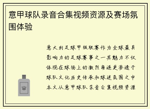 意甲球队录音合集视频资源及赛场氛围体验